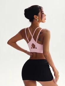 Velisys Velisys 3pcs Women's Sports Bra, Ink Print Light Pink White Black, Thin Back Straps Cross Design, Removable Pads, Running, Yoga, Gym, Tennis Summer Athleisure - Multicolor - View 3