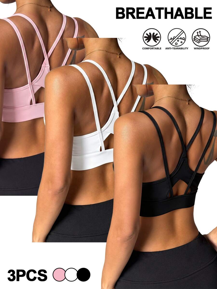 Velisys Velisys 3pcs Women's Sports Bra, Ink Print Light Pink White Black, Thin Back Straps Cross Design, Removable Pads, Running, Yoga, Gym, Tennis Summer Athleisure - Multicolor - View 1