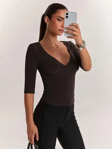SHEIN BAE 女款柔軟舒適羊絨長袖上衣，適合日常外出、返校季、通勤與辦公穿著 - 咖啡棕 - 查看 5