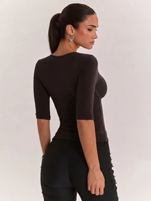 SHEIN BAE 女款柔軟舒適羊絨長袖上衣，適合日常外出、返校季、通勤與辦公穿著 - 咖啡棕 - 查看 2