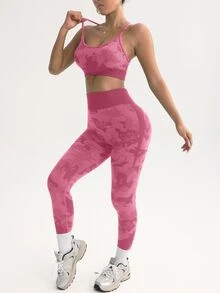 SHEIN Women's Seamless Backless Halter Top And Leggings Sports Set Gym Workout Pink Camouflage Summer Athleisure - Coral Pink - View 6