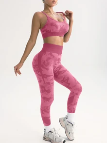 SHEIN Women's Seamless Backless Halter Top And Leggings Sports Set Gym Workout Pink Camouflage Summer Athleisure - Coral Pink - View 7