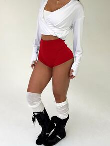 SHEIN Solid Color High Waist Seamless Mini Sports Shorts - Burgundy - View 6