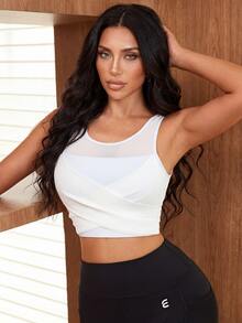 SHEIN Sports Solid Color Round Neck Pullover Thick Strap Sleeveless Sports Modest Tank Top Gym White Summer - Multicolor - View 4