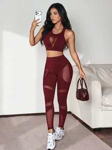Slayform Slayform Women's Mesh Patchwork Cropped Top And High-Waisted Leggings Casual Daily Sports Set - Burgundy - View 6