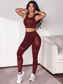 Slayform Slayform Women's Mesh Patchwork Cropped Top And High-Waisted Leggings Casual Daily Sports Set - Burgundy - View 5