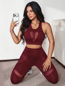 Slayform Slayform Women's Mesh Patchwork Cropped Top And High-Waisted Leggings Casual Daily Sports Set - Burgundy - View 4