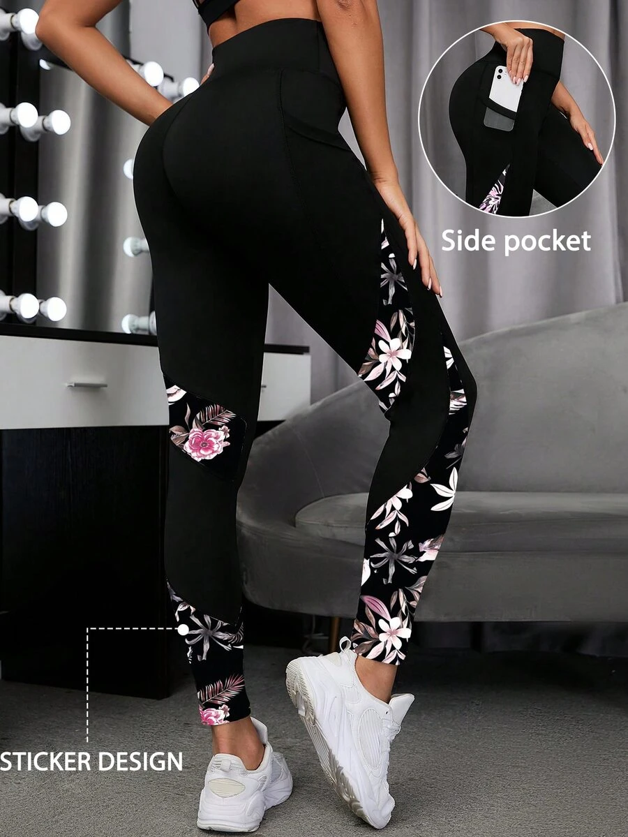 SHEIN Sports 花卉印花手机口袋侧运动紧身裤瑜伽女裤 - 彩色 - 查看 1