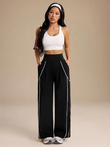 Dewbera Dewbera Women's Contrast Stitching High Waist Slanted Pocket Sports Long Pants - Multicolor - View 8