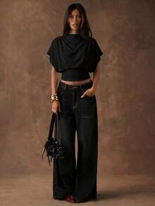 SHEIN BAE Women's Solid Color Minimalist Batwing Sleeve Cropped Waist T-Shirt,Summer Top - Black - View 7