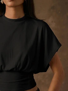 SHEIN BAE Women's Solid Color Minimalist Batwing Sleeve Cropped Waist T-Shirt,Summer Top - Black - View 4