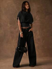 SHEIN BAE Women's Solid Color Minimalist Batwing Sleeve Cropped Waist T-Shirt,Summer Top - Black - View 5