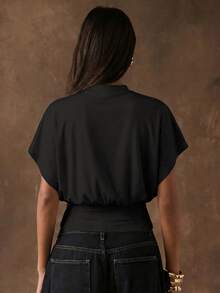 SHEIN BAE Women's Solid Color Minimalist Batwing Sleeve Cropped Waist T-Shirt,Summer Top - Black - View 2