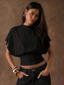 SHEIN BAE Women's Solid Color Minimalist Batwing Sleeve Cropped Waist T-Shirt,Summer Top - Black - View 6