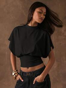 SHEIN BAE Women's Solid Color Minimalist Batwing Sleeve Cropped Waist T-Shirt,Summer Top - Black - View 3