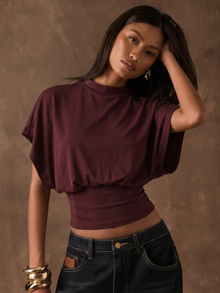 SHEIN BAE Solid Color Casual Minimalist Style Burgundy T-Shirt,Chic Autumn Summer Top,Versatile For Night Out,Commute,,Gathering,Party,Y2K,Shiny & Elegant - Multicolor - View 1