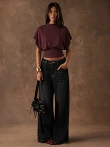SHEIN BAE Solid Color Casual Minimalist Style Burgundy T-Shirt,Chic Autumn Summer Top,Versatile For Night Out,Commute,,Gathering,Party,Y2K,Shiny & Elegant - Multicolor - View 7