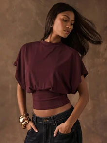 SHEIN BAE Solid Color Casual Minimalist Style Burgundy T-Shirt,Chic Autumn Summer Top,Versatile For Night Out,Commute,,Gathering,Party,Y2K,Shiny & Elegant - Multicolor - View 4