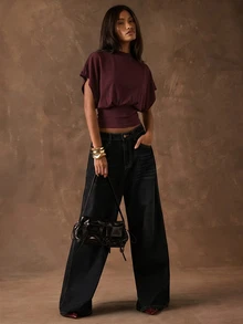 SHEIN BAE Solid Color Casual Minimalist Style Burgundy T-Shirt,Chic Autumn Summer Top,Versatile For Night Out,Commute,,Gathering,Party,Y2K,Shiny & Elegant - Multicolor - View 6