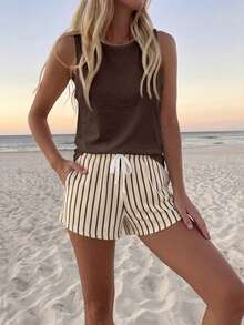 SHEIN LUNE Casual Vacation Style Dark Brown Tank Top And Matching Vertical Striped Shorts Women's Round Neck Tank Top Shorts Two Pieces Set Suitable For Summer Vacation Beach - Multicolor - View 5
