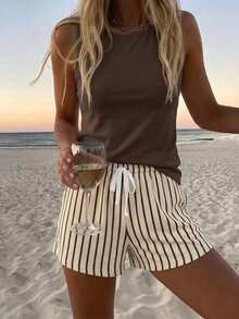 SHEIN LUNE Casual Vacation Style Dark Brown Tank Top And Matching Vertical Striped Shorts Women's Round Neck Tank Top Shorts Two Pieces Set Suitable For Summer Vacation Beach - Multicolor - View 6