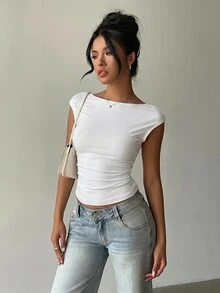 Aloruh 95%棉白色蕾絲拼接短袖T恤 性感露背上衣 適合夏季 小碼女性 - 白色 - 查看 8