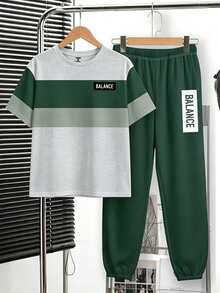 Tween Boy Casual Comfortable Fashion Minimalist Crew Neck Short Sleeve T-Shirt And Long Pants Set, Classic Cool Square Split Pattern Print, Cool Exquisite Small Logo Text Pattern Print, Suitable For Autumn/Winter Back To School Season - White - View 3