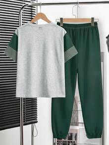 Tween Boy Casual Comfortable Fashion Minimalist Crew Neck Short Sleeve T-Shirt And Long Pants Set, Classic Cool Square Split Pattern Print, Cool Exquisite Small Logo Text Pattern Print, Suitable For Autumn/Winter Back To School Season - White - View 2