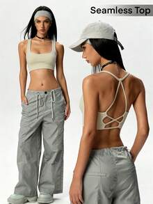 Dewbera Dewbera Bra Olahraga Wanita Tanpa Jahitan, Warna Polos, Model Silang di Belakang, Cocok untuk Gym, Latihan, Musim Panas, Gaya Athleisure, Atletik, dan Sopan. - Putih Krem - View 7