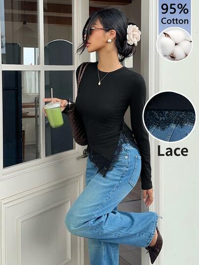 Serisse 95% Cotton Women's Casual Slim Fit Long Sleeve T-Shirt, Asymmetrical Hem, Lace Patchwork