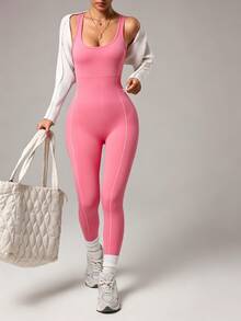 Slayform Slayform Women's Colorblock Seamless Casual Modest Athleisure Daily Gym Workout Travel Sports Jumpsuit Pink White Summer - Pink - View 2