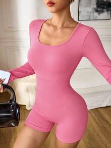 Slayform Slayform Women's Solid Color Back Cutout Design Long Sleeve Seamless Athletic Athleisure Sexy Athleisure Romper Shorts Gym Workout Pink Autumn Gym Workout - Pink - View 5