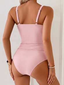 SHEIN Swim 女士沙滩度假纯色金属环装饰交叉褶皱性感吊带背心和短裤套装 - 粉色 - 查看 3