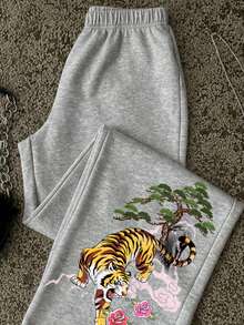 Attitoon Casual Minimalist Tiger Print Grey Women's Sweatpants - Multicolor - View 6