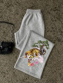 Attitoon Casual Minimalist Tiger Print Grey Women's Sweatpants - Multicolor - View 5