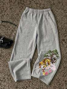 Attitoon Casual Minimalist Tiger Print Grey Women's Sweatpants - Multicolor - View 2