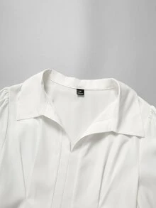 Elenzga Plus Size Spring/Summer V-Neck Collared Waist-Cinching Slimming A-Line Long Sleeve White French Elegant Sophisticated Commute Versatile, Office Date Inner Layer, Suitable For Multiple Body Types, Women's Designer Blouse Shirt - White - View 3