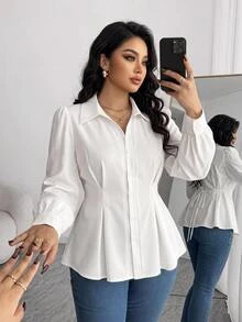 Elenzga Plus Size Spring/Summer V-Neck Collared Waist-Cinching Slimming A-Line Long Sleeve White French Elegant Sophisticated Commute Versatile, Office Date Inner Layer, Suitable For Multiple Body Types, Women's Designer Blouse Shirt - White - View 1