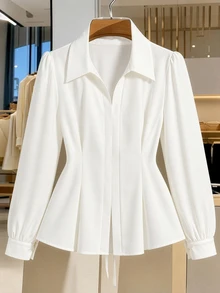 Elenzga Plus Size Spring/Summer V-Neck Collared Waist-Cinching Slimming A-Line Long Sleeve White French Elegant Sophisticated Commute Versatile, Office Date Inner Layer, Suitable For Multiple Body Types, Women's Designer Blouse Shirt - White - View 8