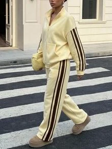 SHEIN 兒童青少年女孩秋冬保暖內裡加厚休閒拼色織帶飾邊奶油黃拉鍊立領開襟運動外套與寬腿直筒長褲兩件套返校穿搭 - 黃色 - 查看 10