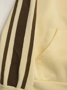 SHEIN 兒童青少年女孩秋冬保暖內裡加厚休閒拼色織帶飾邊奶油黃拉鍊立領開襟運動外套與寬腿直筒長褲兩件套返校穿搭 - 黃色 - 查看 5