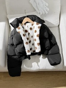 SHEIN 青少年女孩極簡舒適時尚寬鬆短款立領保暖內裡波點加厚棉襖，超保暖加厚黑色，適合時尚外出與上學 - 黑色 - 查看 2