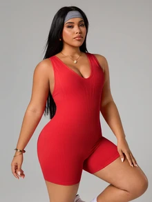 SHEIN Unity Plus Size Women Seamless Backless Sexy Sports Jumpsuit - Red - View 6