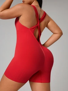 SHEIN Unity Plus Size Women Seamless Backless Sexy Sports Jumpsuit - Red - View 8