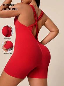 SHEIN Unity Plus Size Women Seamless Backless Sexy Sports Jumpsuit - Red - View 1