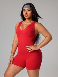 SHEIN Unity Plus Size Women Seamless Backless Sexy Sports Jumpsuit - Red - View 2