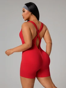 SHEIN Unity Plus Size Women Seamless Backless Sexy Sports Jumpsuit - Red - View 7