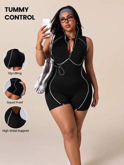 Rhythm Era Plus Size Women's Seamless Black And White Summer Athletic Cow Girl Midsize Pilates Sleeveless Hollow-Out Backless Jumpsuit Tummy Control Yoga Gym