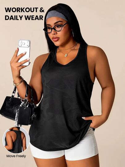 Rhythm Era Plus Size Women Casual Fitness Racerback Tank Top Gym Cycling Black Summer