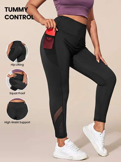 SHEIN Rhythm Era Plus Size Contrast Mesh Sports Leggings With Phone Pocket Yoga Women Pants
